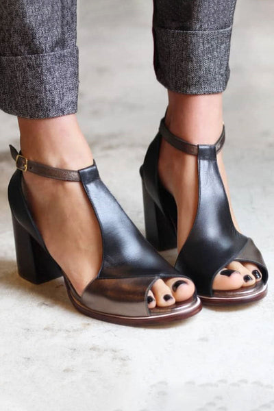 Nadaria - Black Patchwork Peep Toe Orthopedic Heels