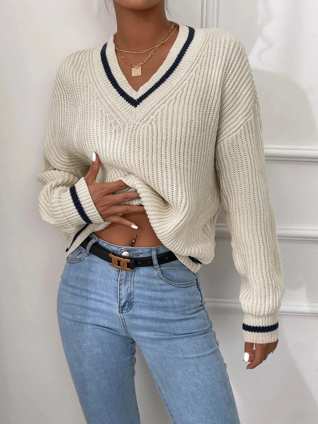 Marina - Striped Waffle Knit Sweater