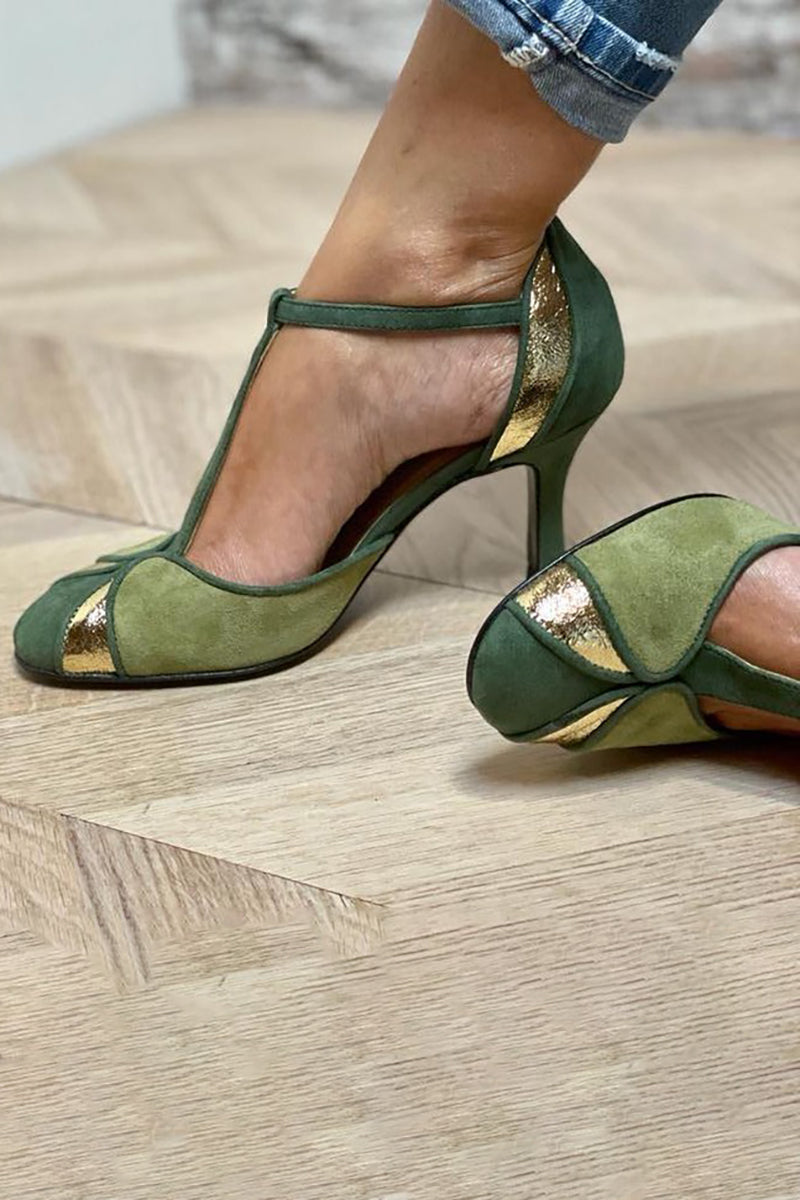 Taviana - Patchwork Orthopedic Heels with T-Strap and Closed Toe