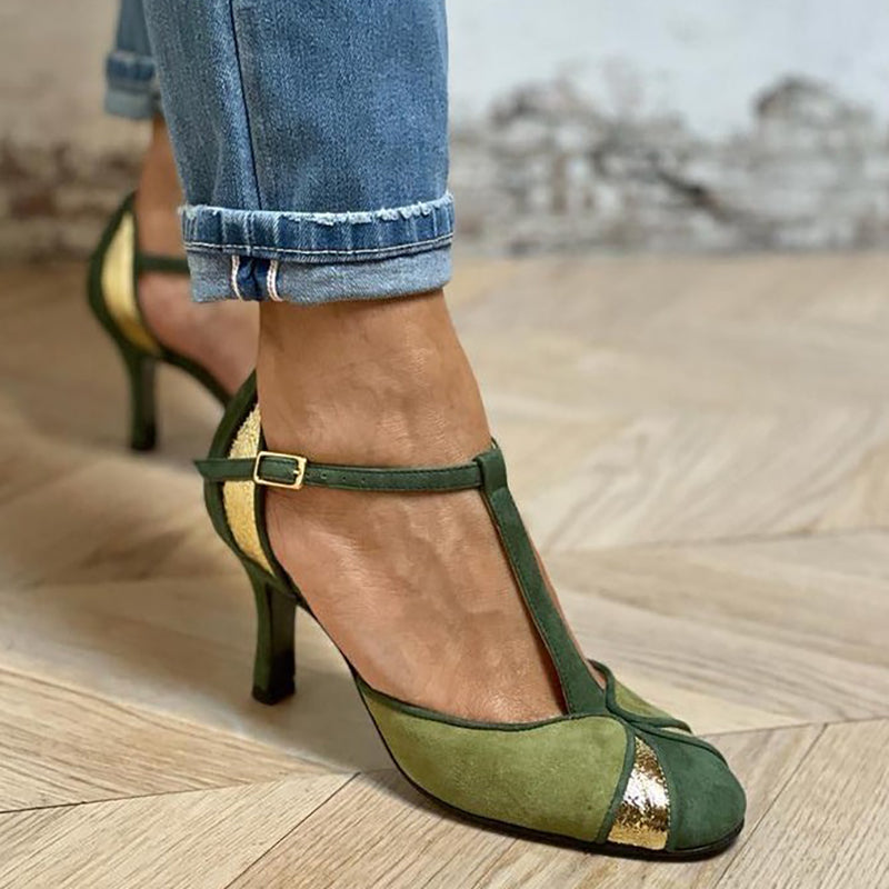 Taviana - Patchwork Orthopedic Heels with T-Strap and Closed Toe