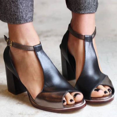 Nadaria - Black Patchwork Peep Toe Orthopedic Heels